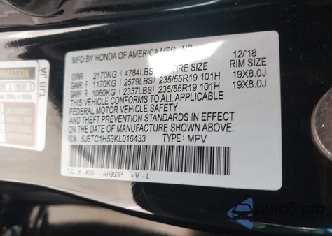 2019 Acura Rdx Technology Package from USA, damaged, VIN 5J8TC1H53KL016433